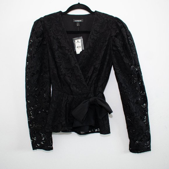 Express Tops - Express Black Lace V-Neck Long Sleeve Tie Waist Peplum Top Size XS NWT